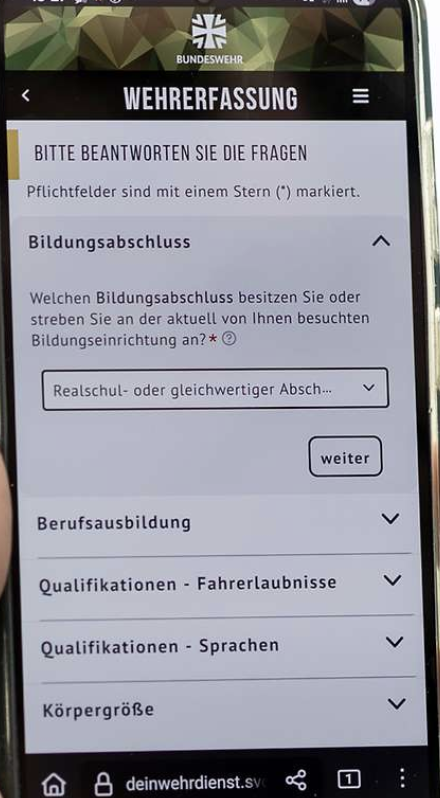 Screenshot App Bundeswehr Wehrerfassung
